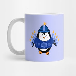 Cute Hanukkah Penguin Dressed as a Menorah on a Periwinkle Backdrop, made by EndlessEmporium Mug